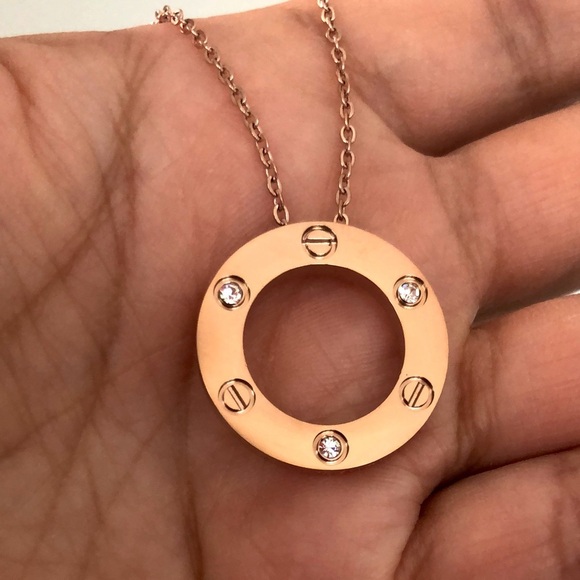 Screw Circle Zirconia Rose Gold Pendant Necklace - Picture 8 of 11